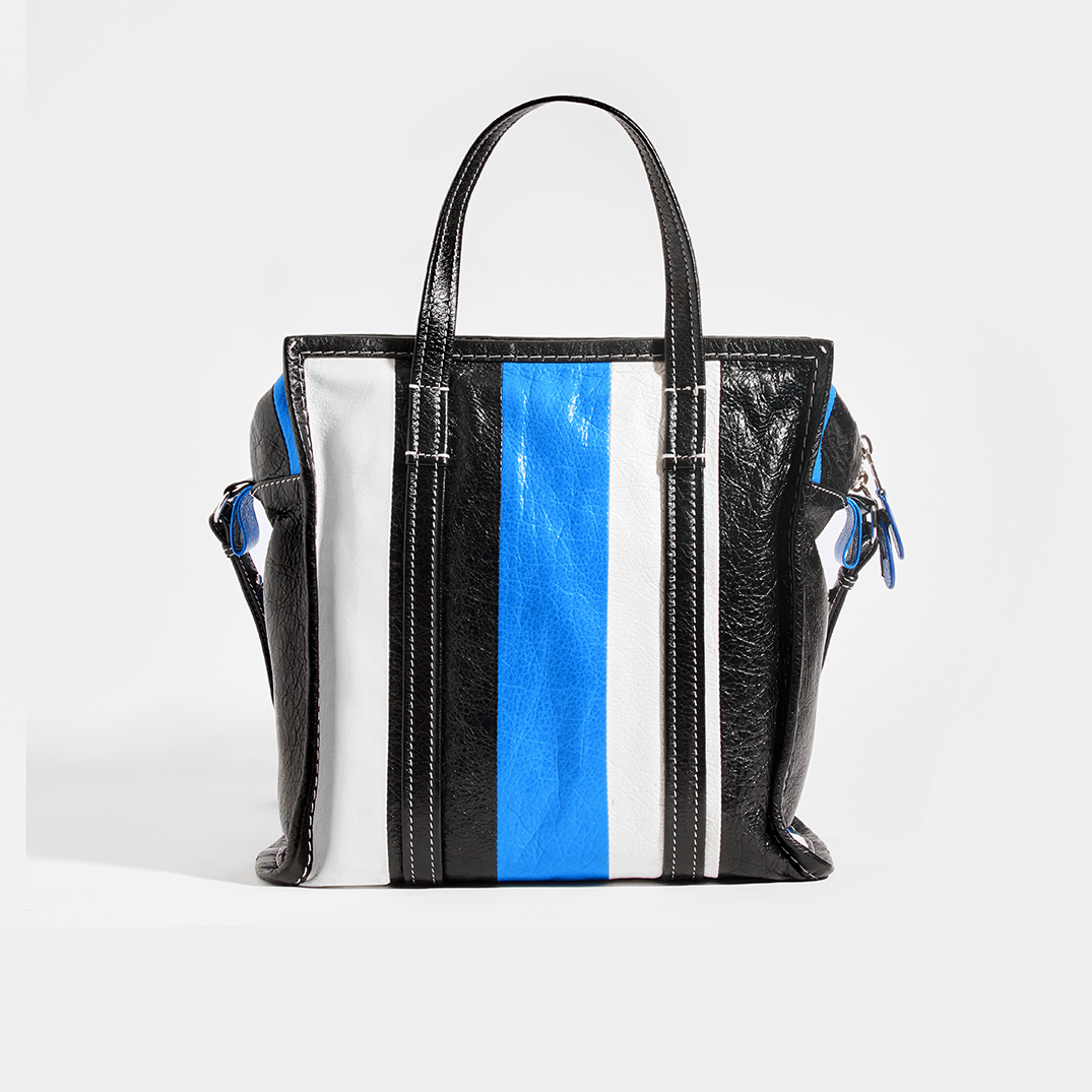 BALENCIAGA Bazar M Striped Shoulder Bag in Blue Leather | COCOON