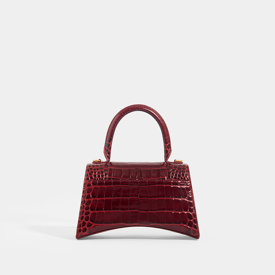 BALENCIAGA CROC-EMBOSSED LEATHER RED HOURGLASS BAG EXTRA SMALL