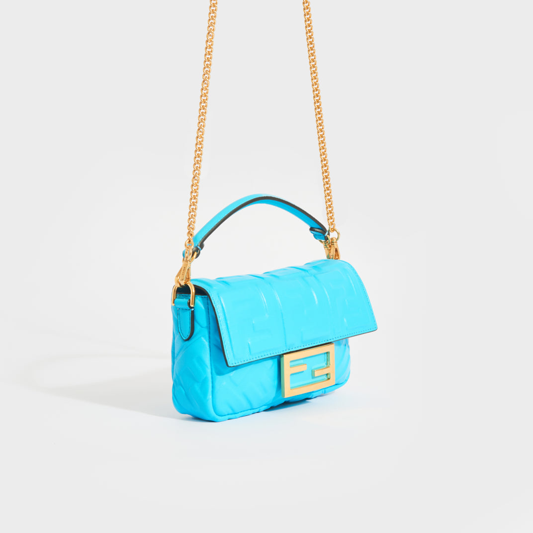 FENDI Baguette Leather Shoulder Bag Turquoise Blue