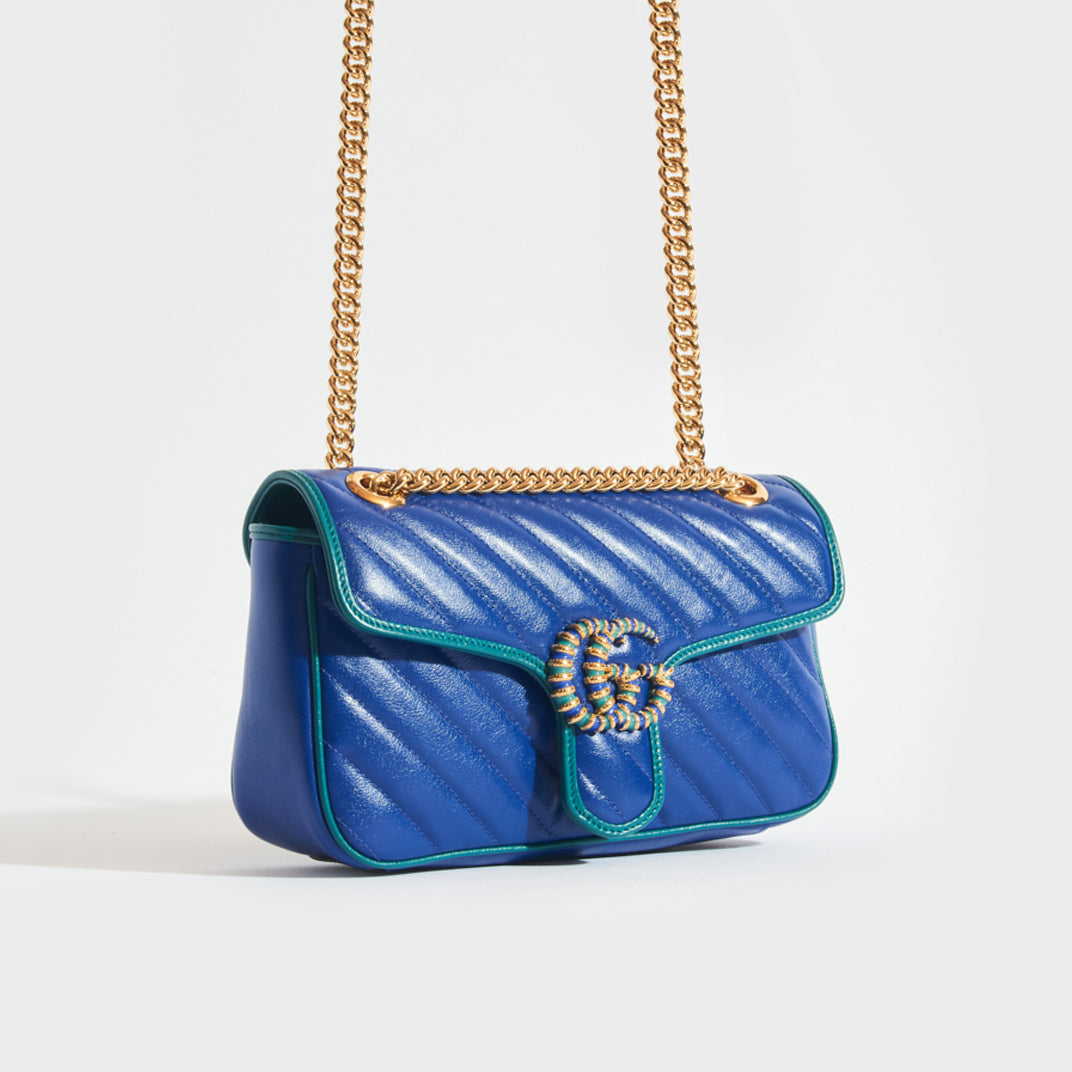Gucci GG Marmont Small Raffia Shoulder Bag in Blue