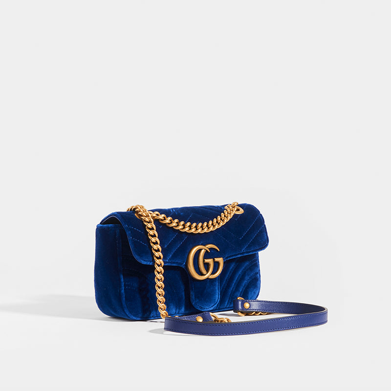 Gucci GG Marmont Shoulder Bag Matelasse Velvet Small Cobalt Blue in Velvet  with Aged Gold-tone - US