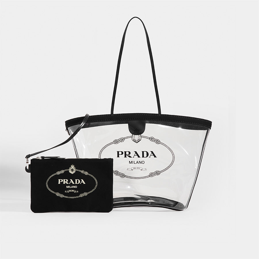 Prada Transparent Vinyl and Black Canvas Logo Beach Large Tote Bag 1BG166 -  Yoogi's Closet