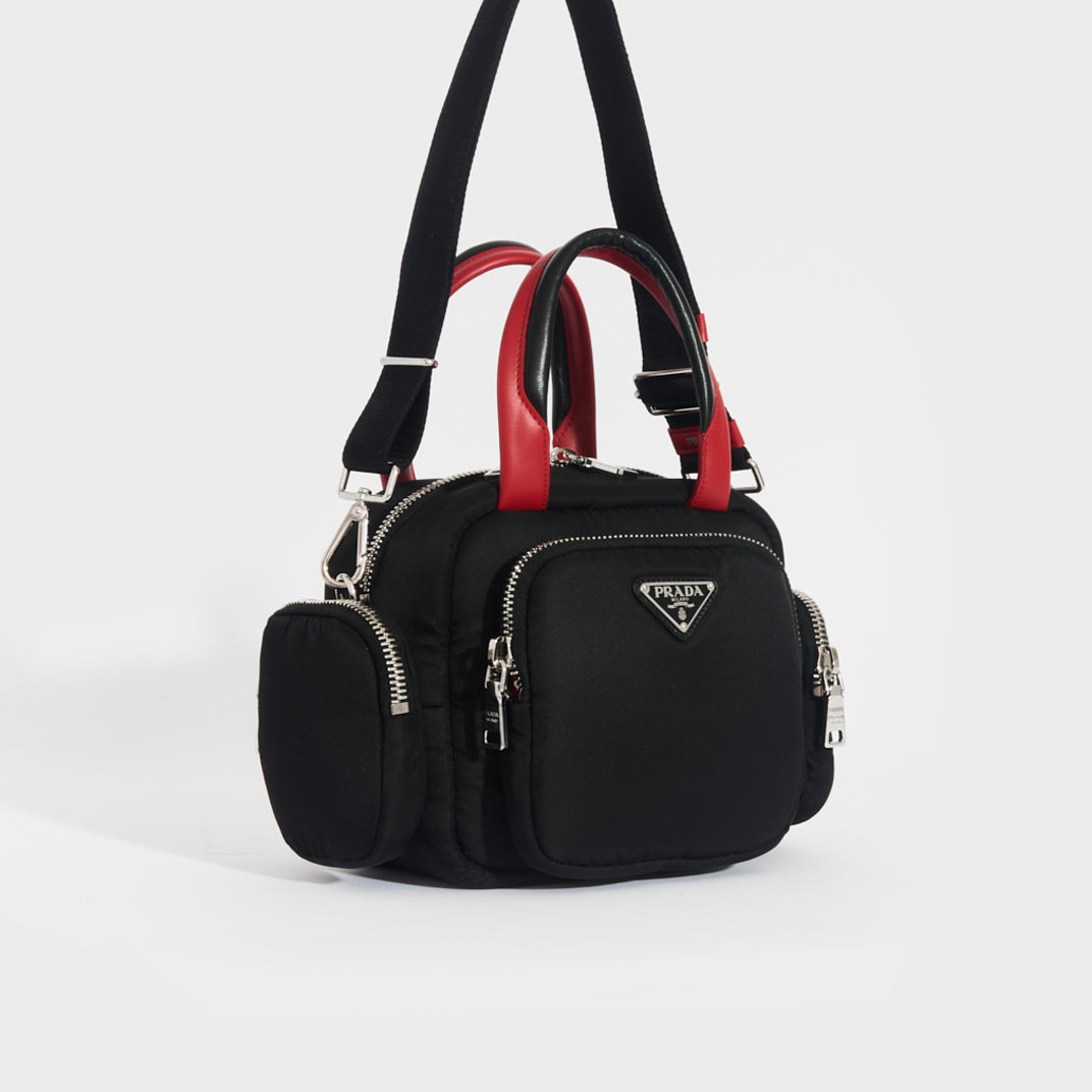 Pole Prada Triangle Logo Nylon Leather Shoulder Bag Pochette Black