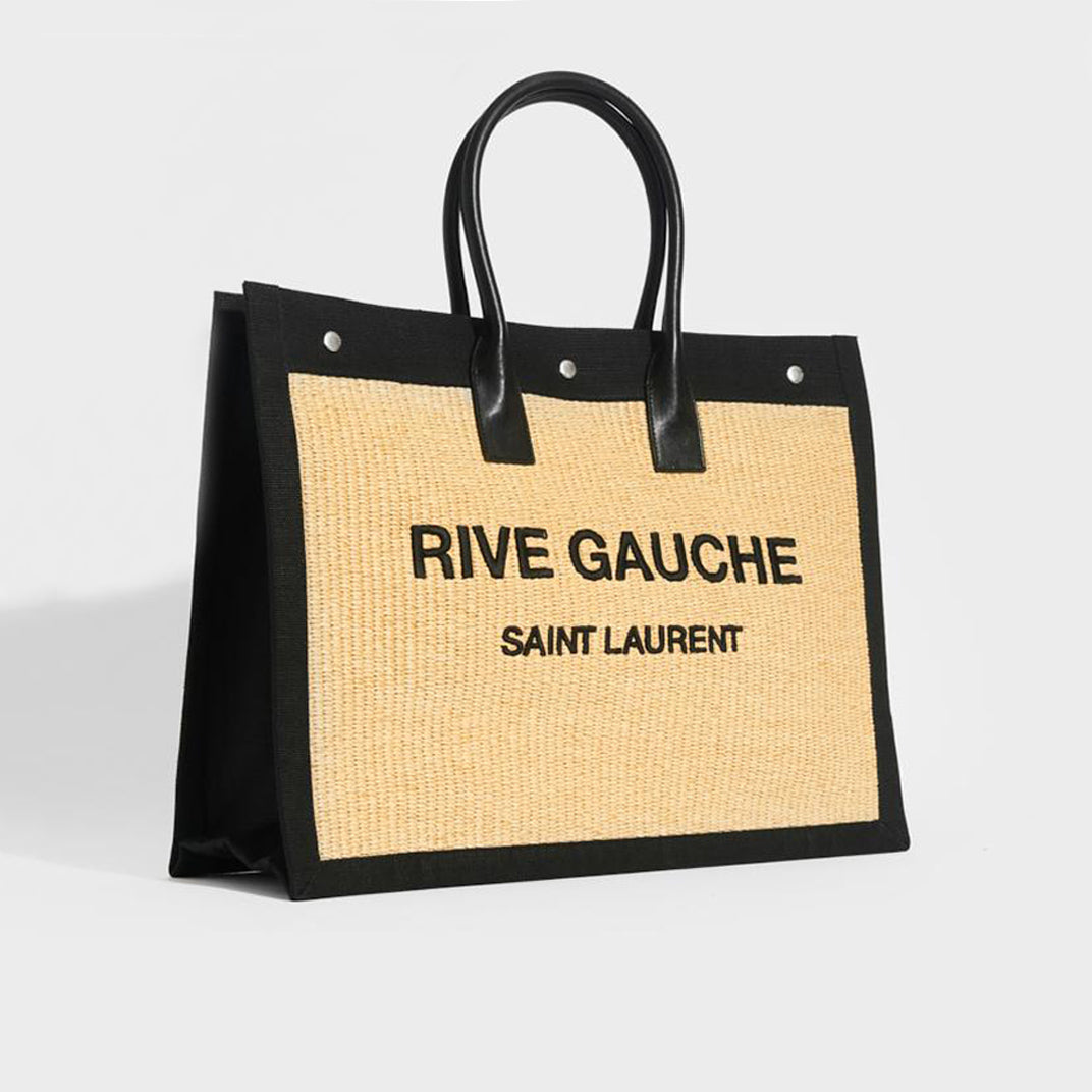 SAINT LAURENT Rive Gauche Leather and Raffia Tote | COCOON