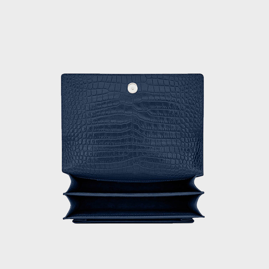 Saint Laurent - Sunset Croc-effect Glossed-leather Shoulder Bag - Midnight  blue