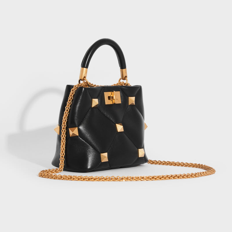 Roman Stud Small Leather Tote Bag in Black - Valentino Garavani