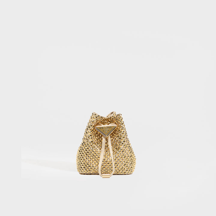 Crystal Embellished Woven Bucket Bag in Gold