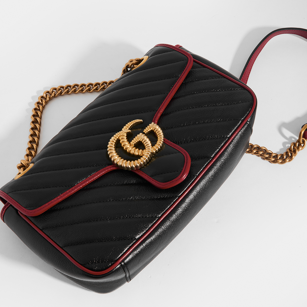 GUCCI GG Marmont Chevron Leather with Red Trim Shoulder Bag in Black COCOON