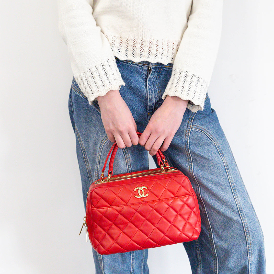 Trendy CC Top Handle Bag in Red Calfskin Leather