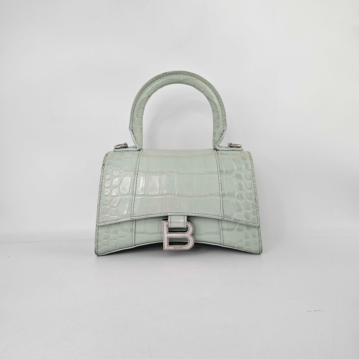 XS Hourglass Top Handle Bag in Light Green Embossed Croc [ReSale]