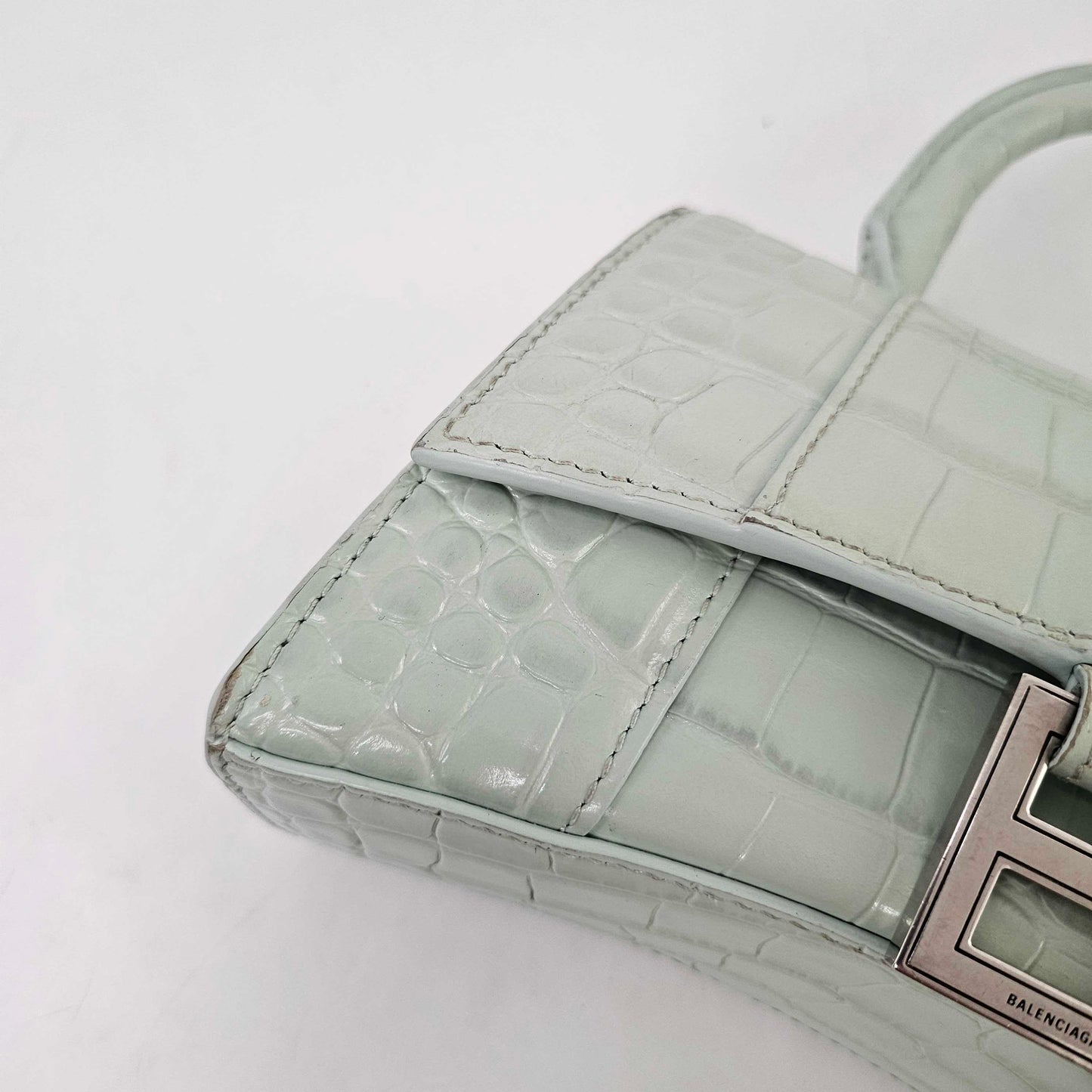 XS Hourglass Top Handle Bag in Light Green Embossed Croc [ReSale]