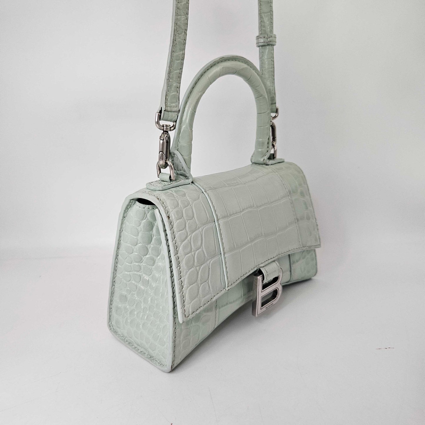 XS Hourglass Top Handle Bag in Light Green Embossed Croc [ReSale]