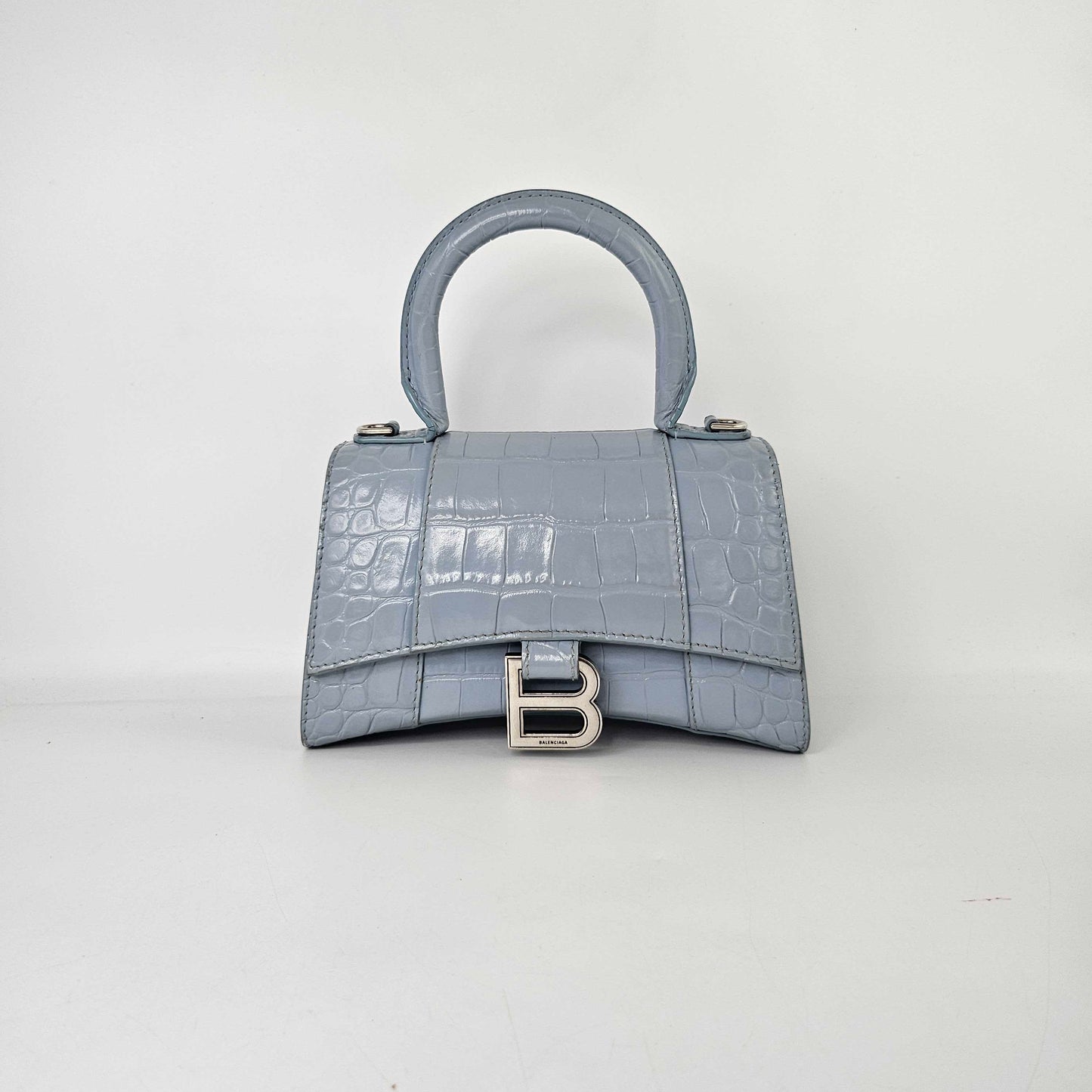 XS Hourglass Top Handle Bag in Blue Grey Embossed Croc [ReSale]