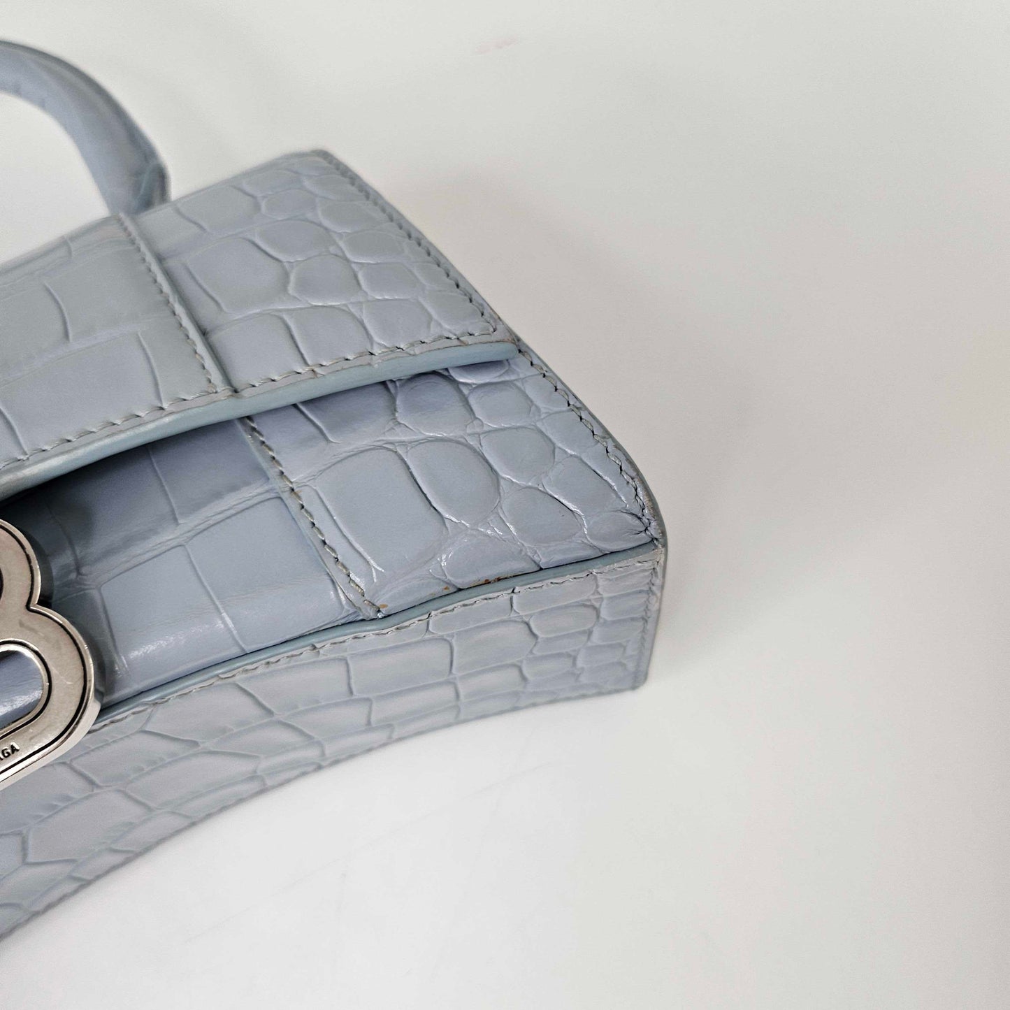 XS Hourglass Top Handle Bag in Blue Grey Embossed Croc [ReSale]