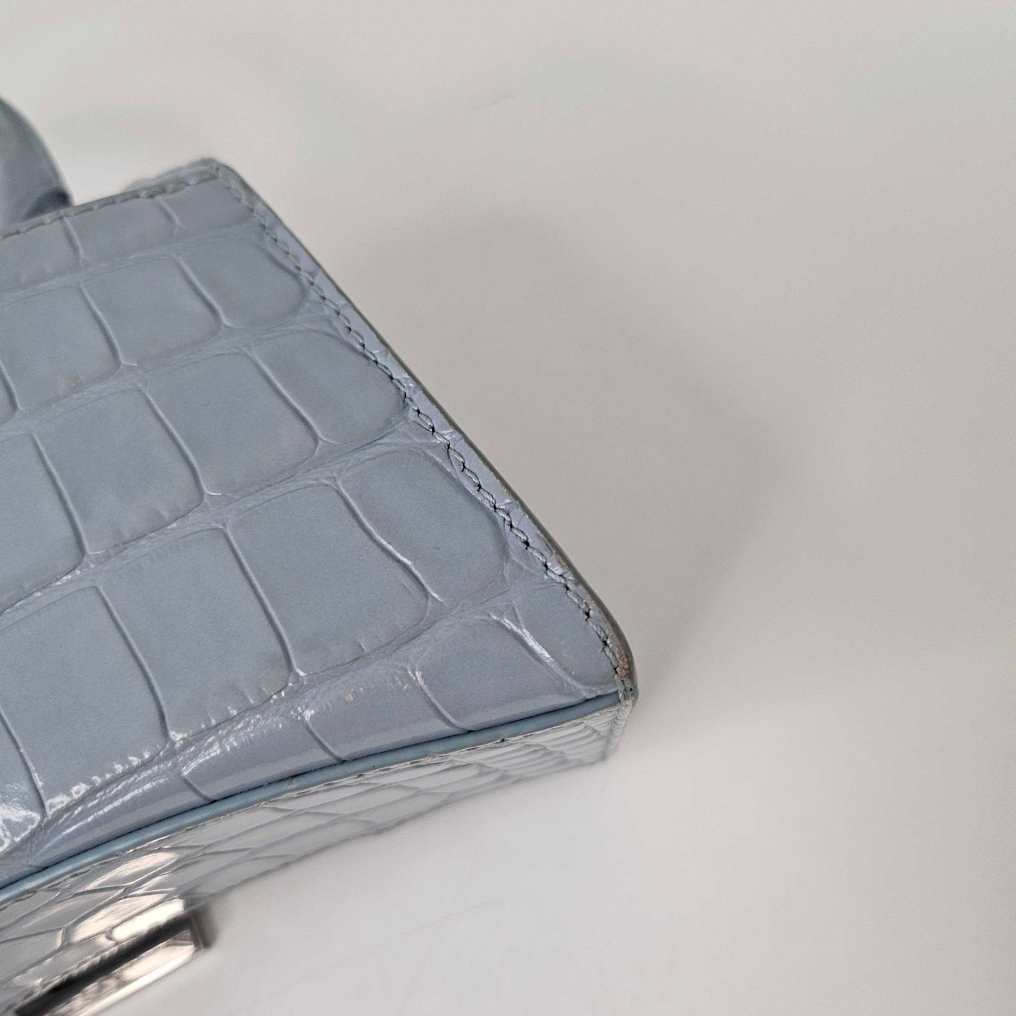 XS Hourglass Top Handle Bag in Blue Grey Embossed Croc [ReSale]