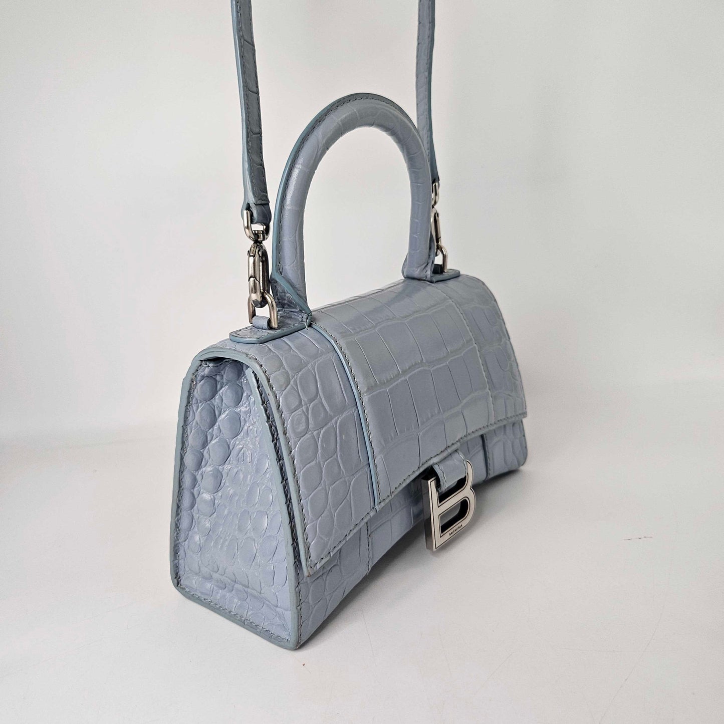 XS Hourglass Top Handle Bag in Blue Grey Embossed Croc [ReSale]