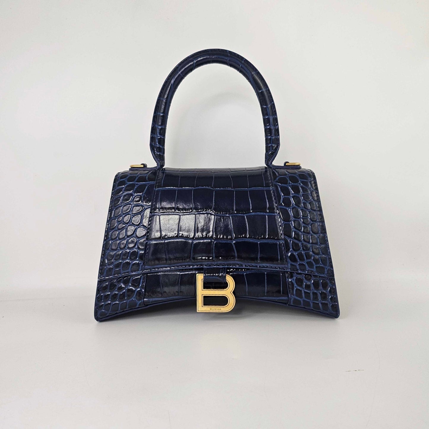 Small Hourglass Top Handle Bag in Navy Embossed Croc [ReSale]