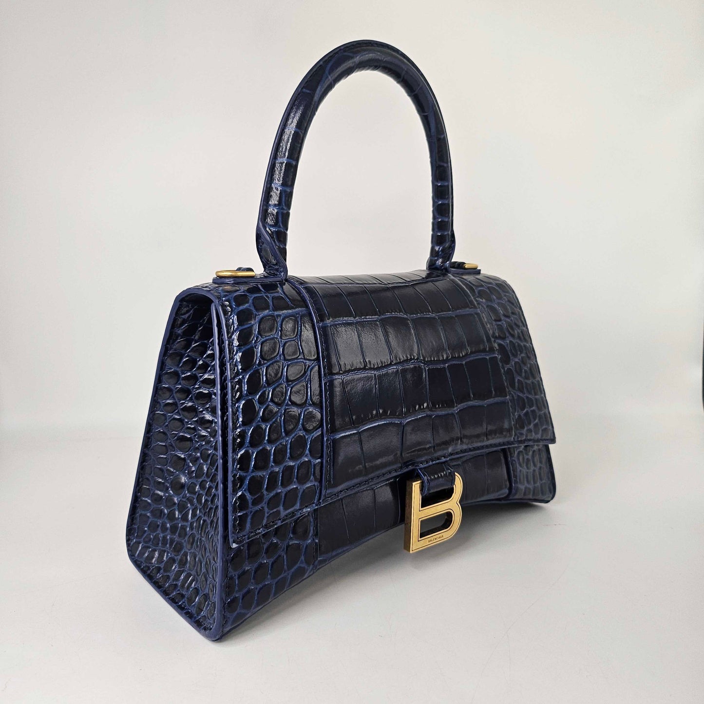 Small Hourglass Top Handle Bag in Navy Embossed Croc [ReSale]