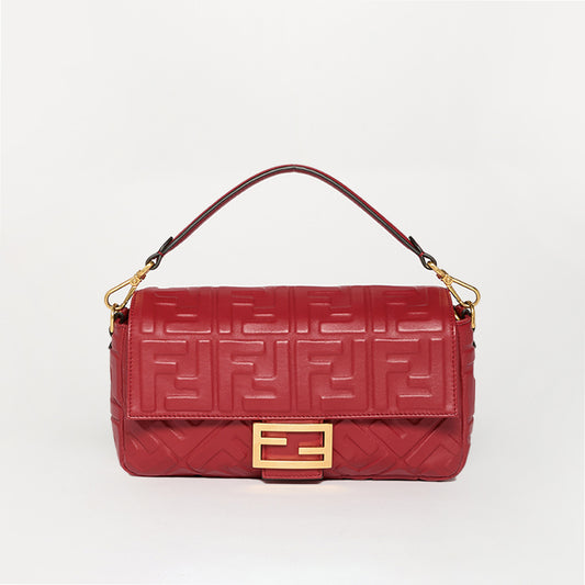 Small Zucca Baguette Bag in Red Embossed Leather