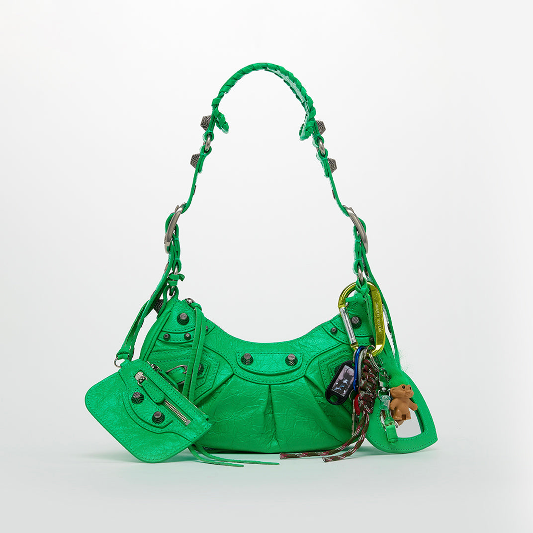 Le Cagole XS Leather Shoulder Bag in Green with Charms