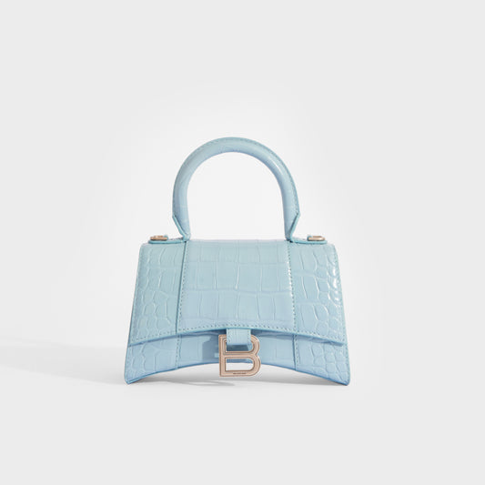 XS Hourglass Top Handle Bag in Blue Grey Embossed Croc [ReSale]