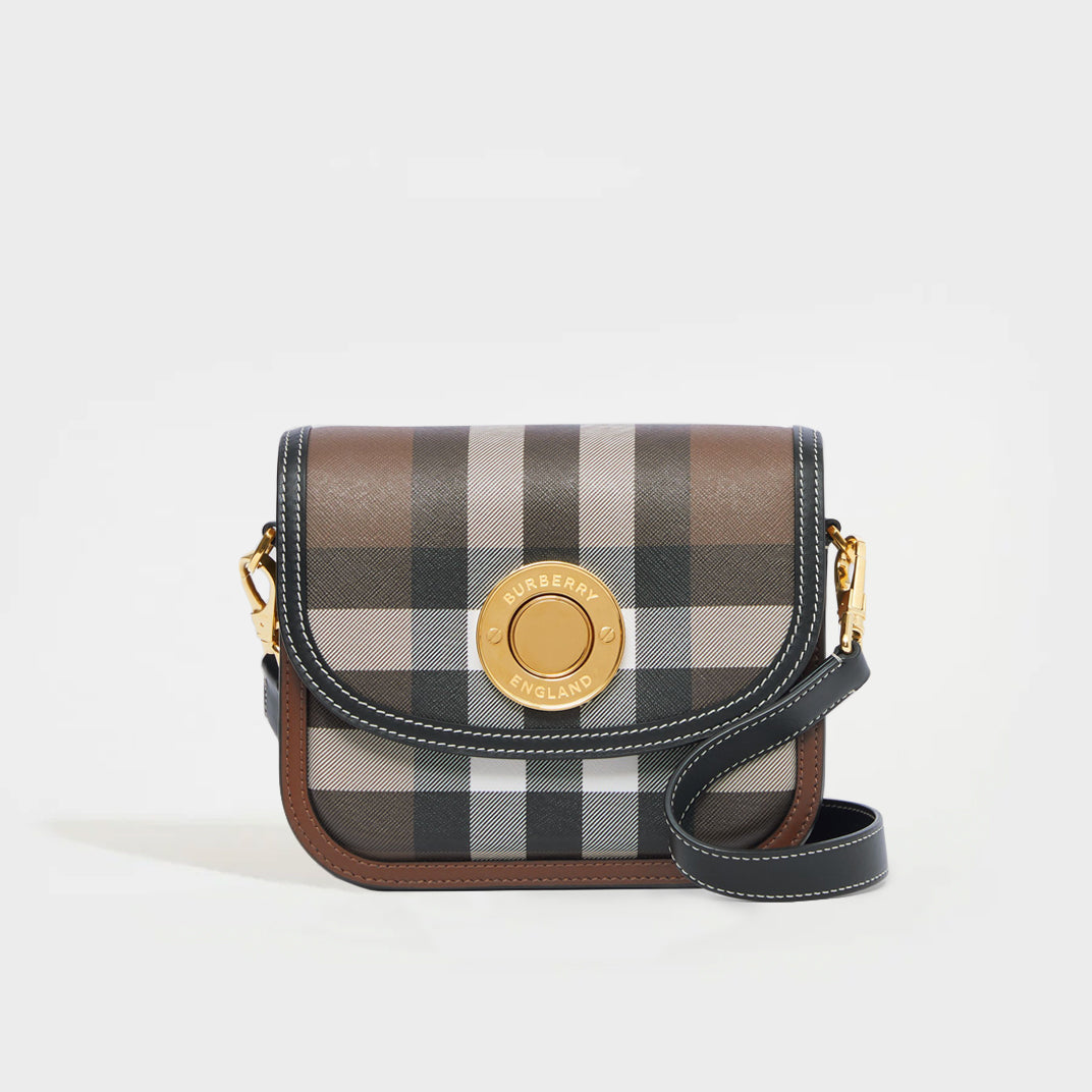 Check and Leather Small Elizabeth Bag in Dark Birch Brown [Resale]