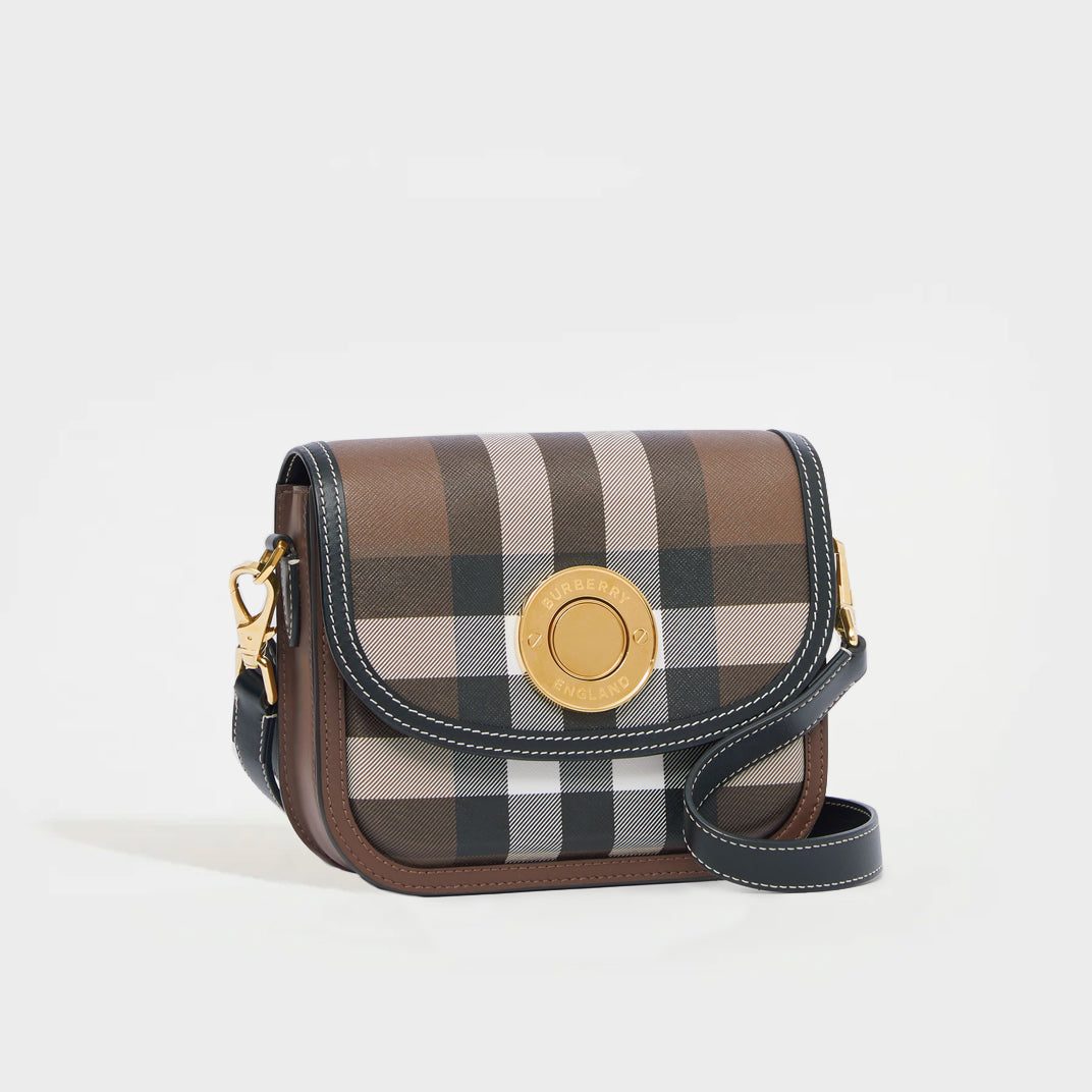 Check and Leather Small Elizabeth Bag in Dark Birch Brown [Resale]