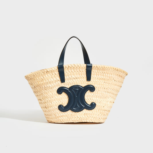 Triomphe Panier Basket Bag in Raffia and Navy