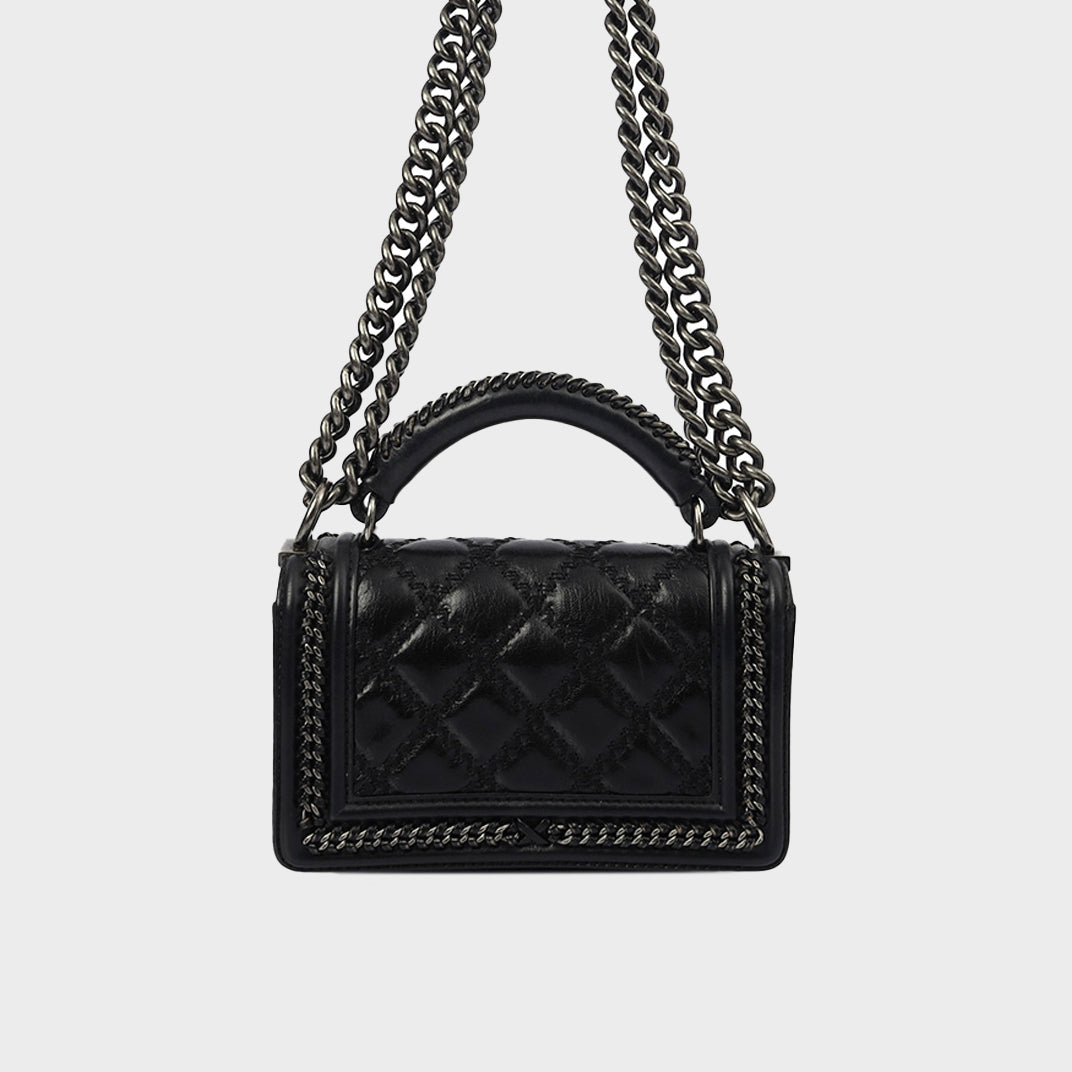 Small Top Handle Chain Around Boy Bag in Black Calfskin Leather