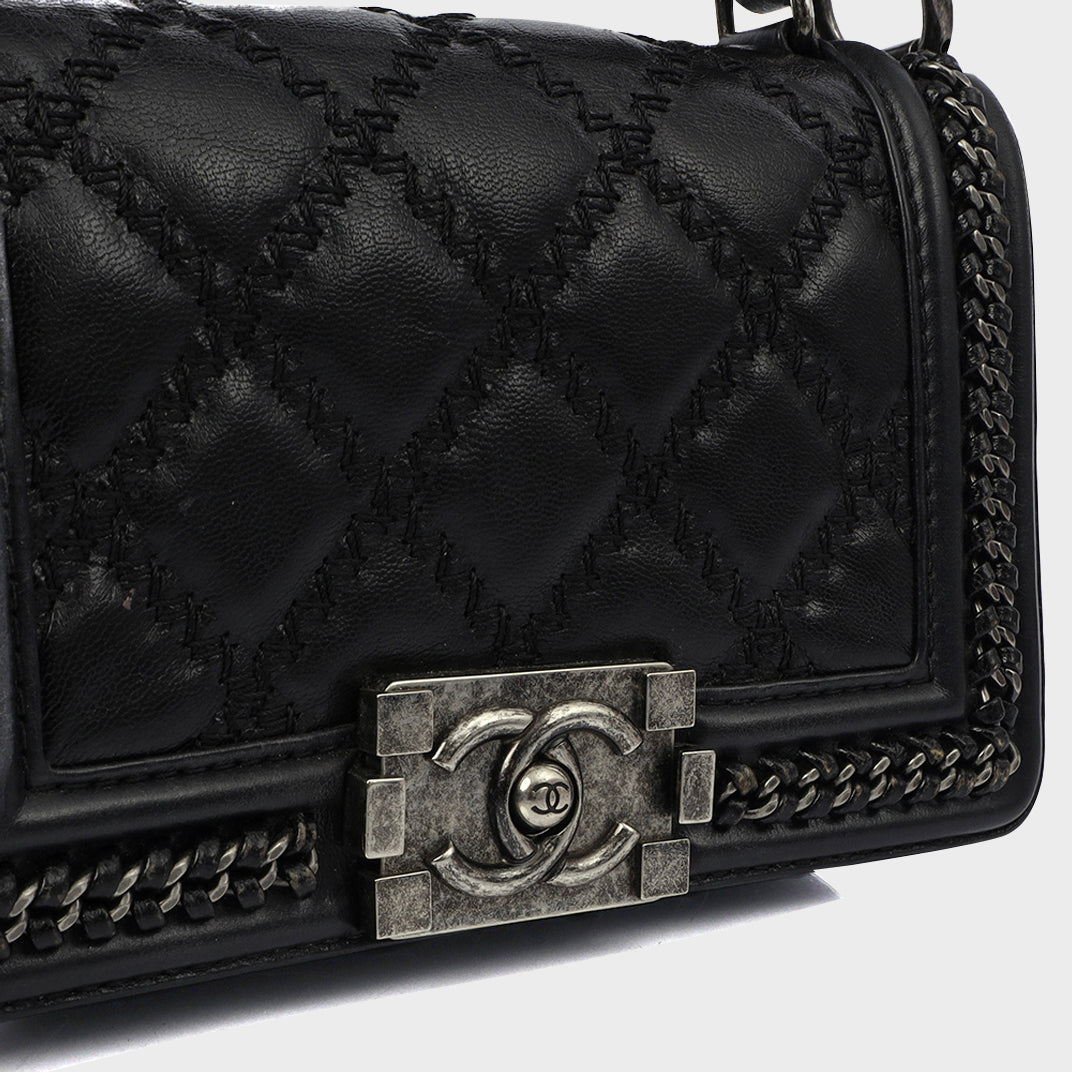 Small Top Handle Chain Around Boy Bag in Black Calfskin Leather