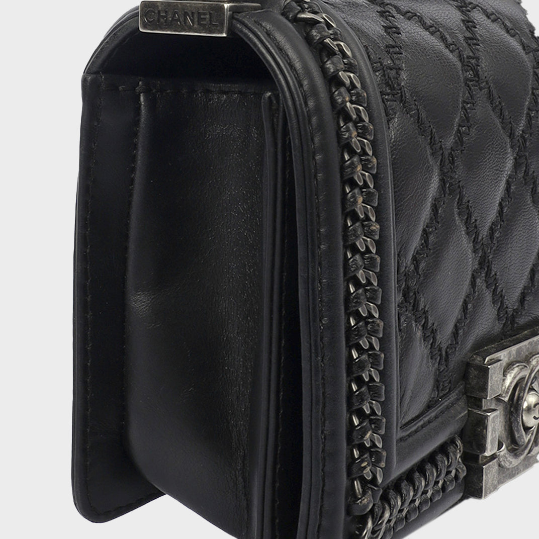 Small Top Handle Chain Around Boy Bag in Black Calfskin Leather