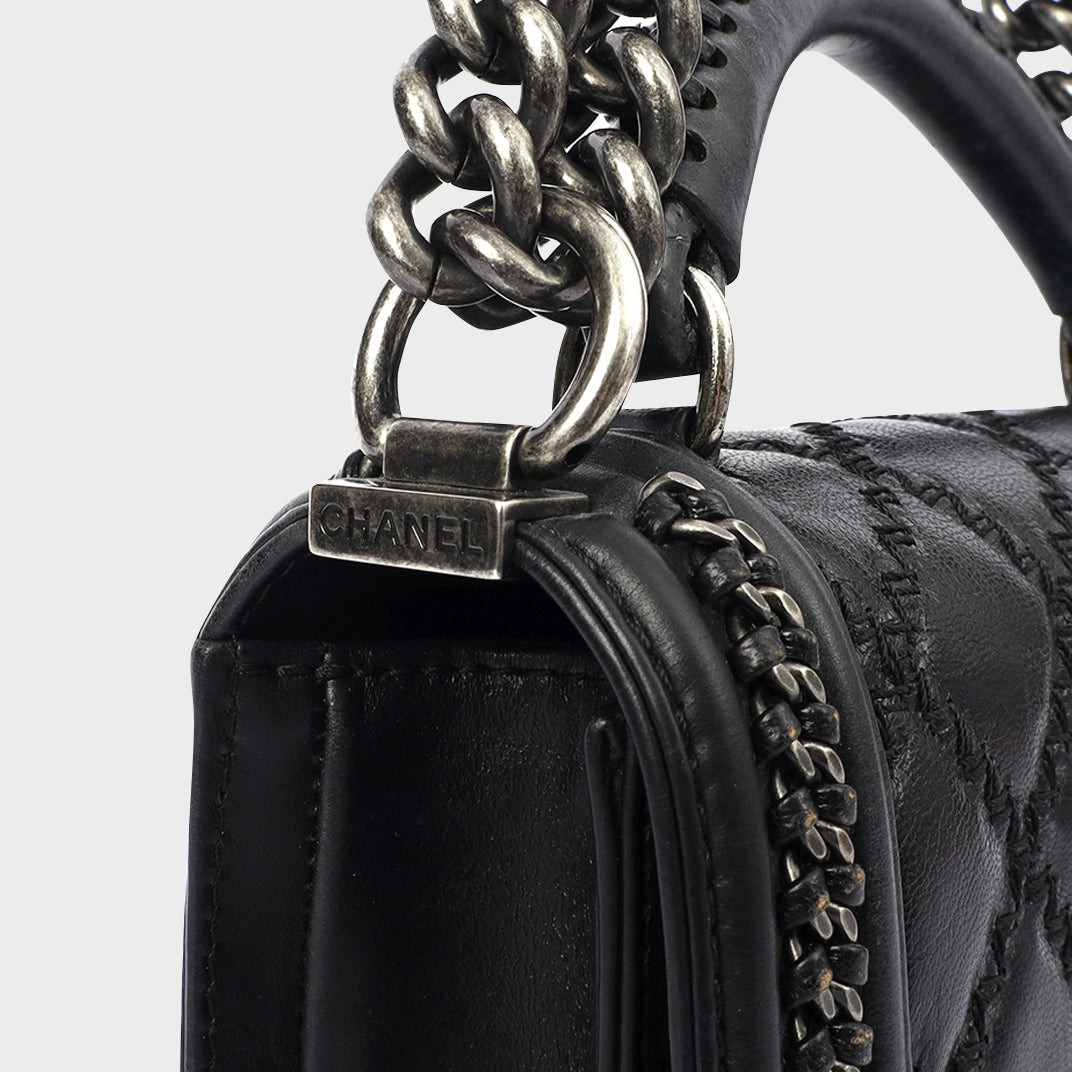 Small Top Handle Chain Around Boy Bag in Black Calfskin Leather