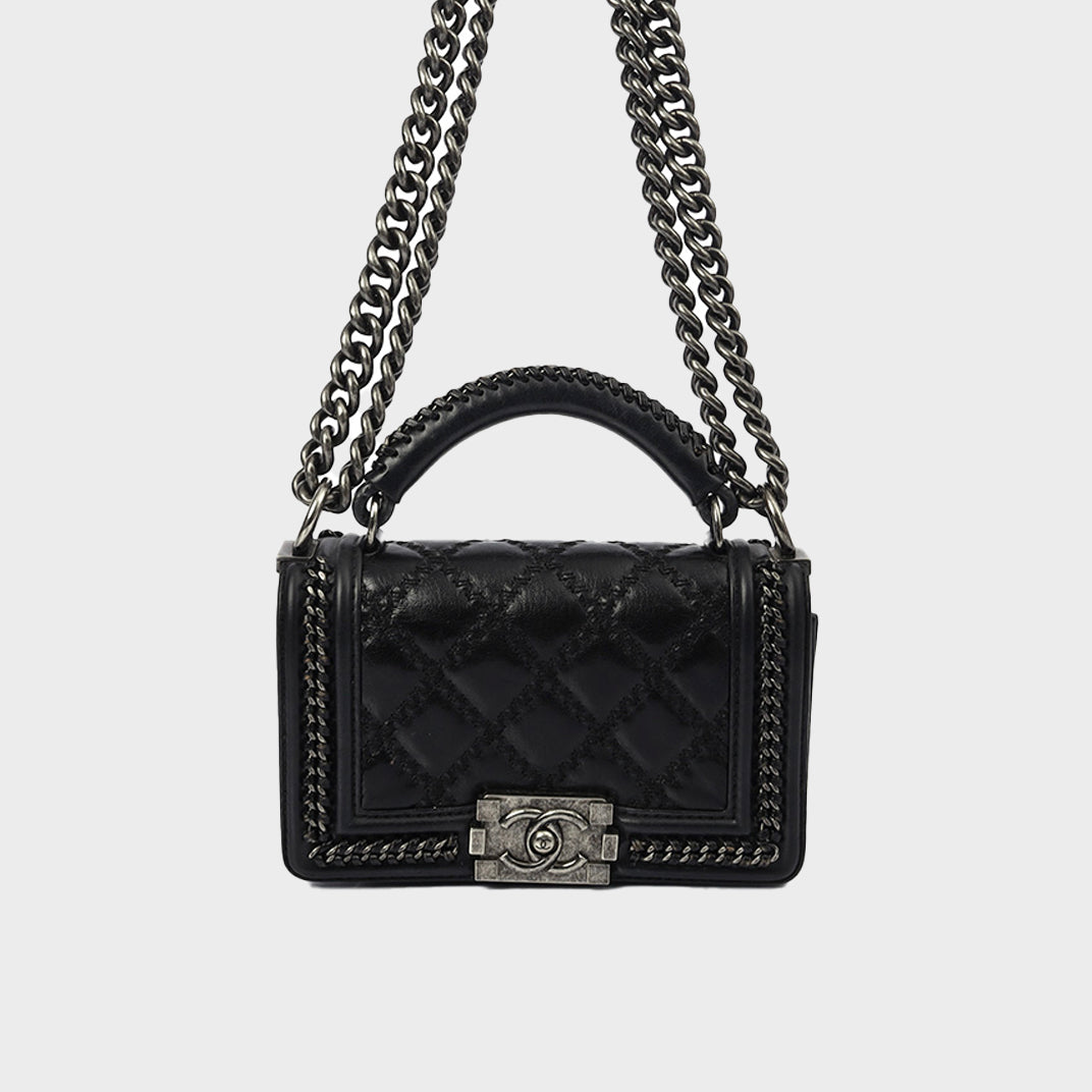 Small Top Handle Chain Around Boy Bag in Black Calfskin Leather