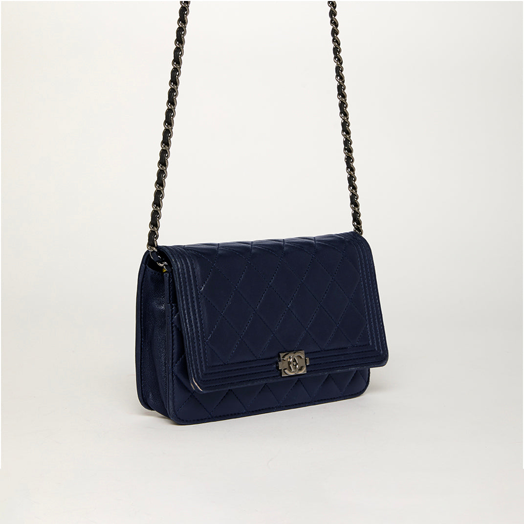 Boy Wallet on Chain Bag in Navy Blue Lambskin