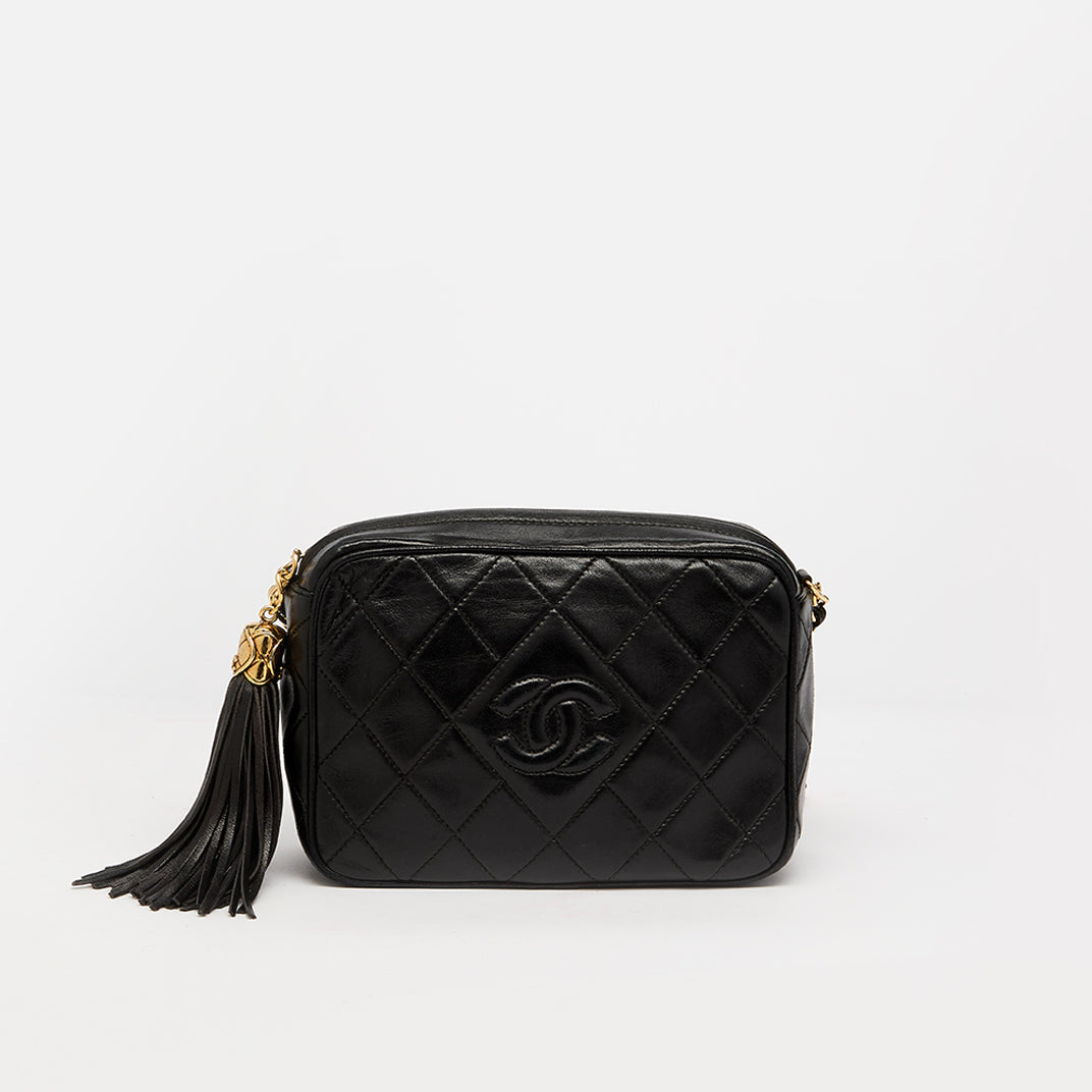 CC Quilted Lambskin Tassel Crossbody in Black 1990 - 1999