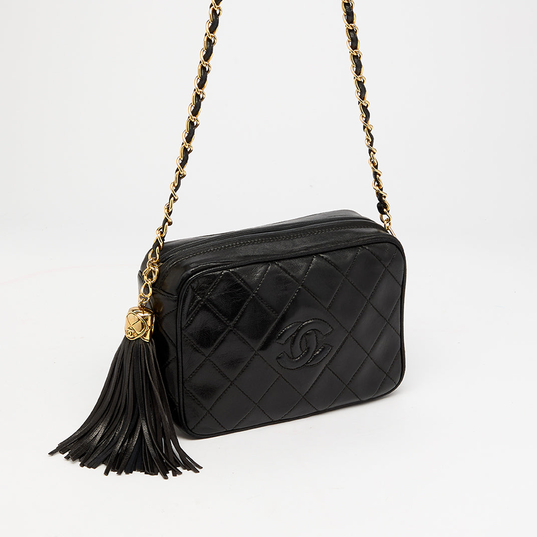 CC Quilted Lambskin Tassel Crossbody in Black 1990 - 1999