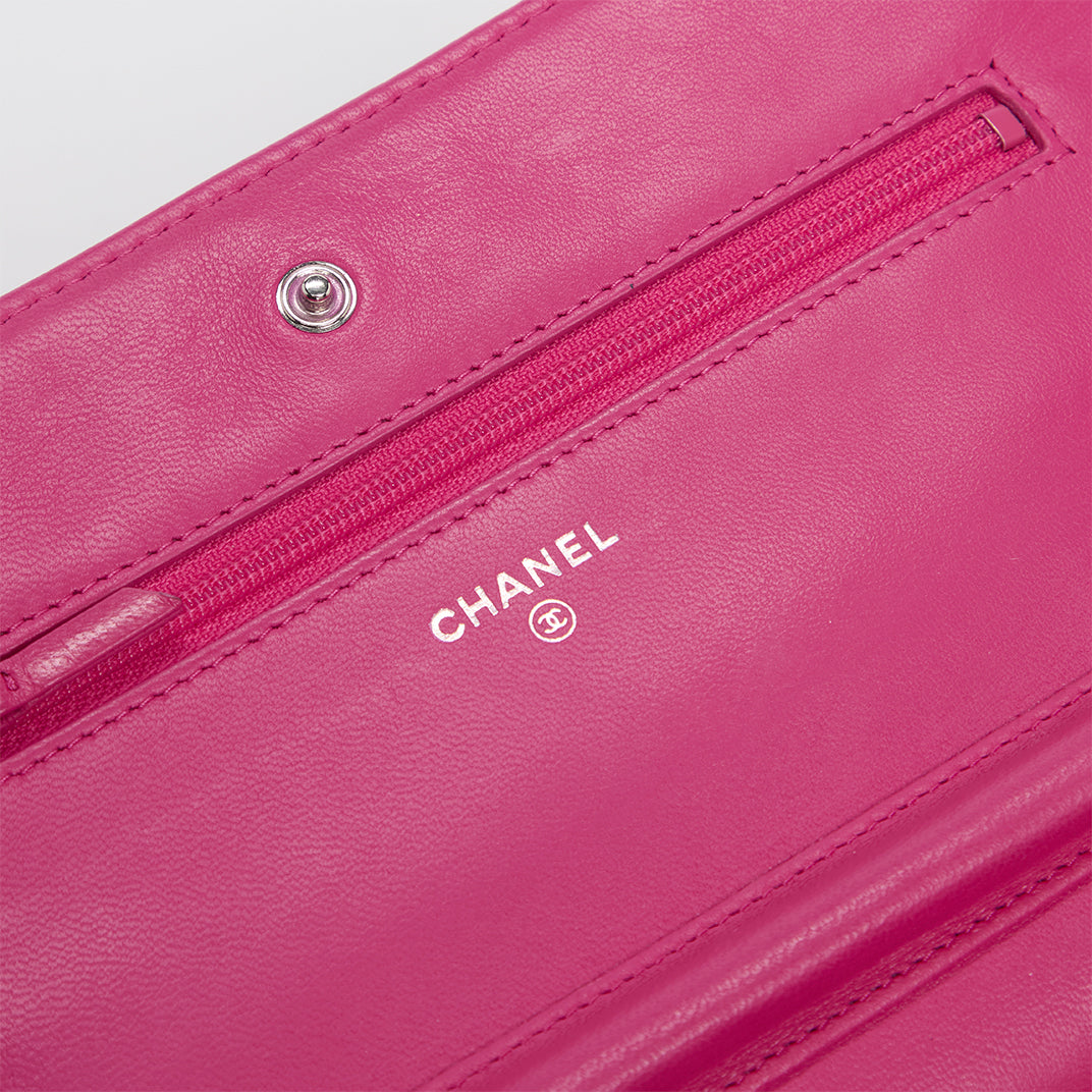 Wallet on Chain Crossbody Bag in Bright Pink Lambskin Leather