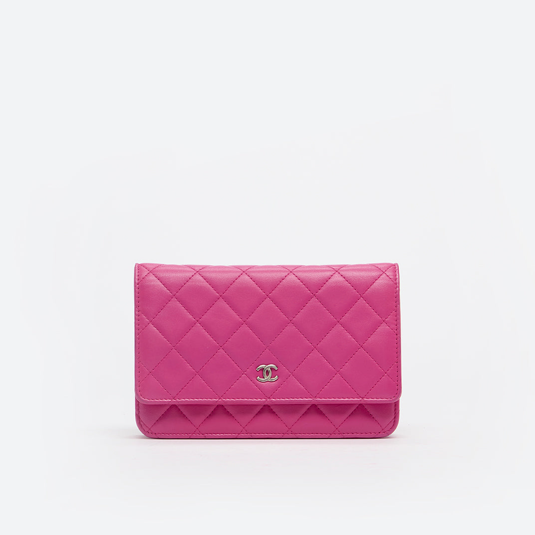 Wallet on Chain Quilted Leather Crossbody in Bright Pink