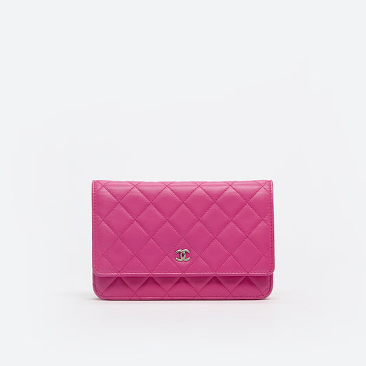 Wallet on Chain Quilted Leather Crossbody in Bright Pink