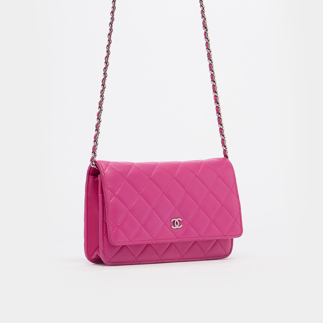 Wallet on Chain Quilted Leather Crossbody in Bright Pink