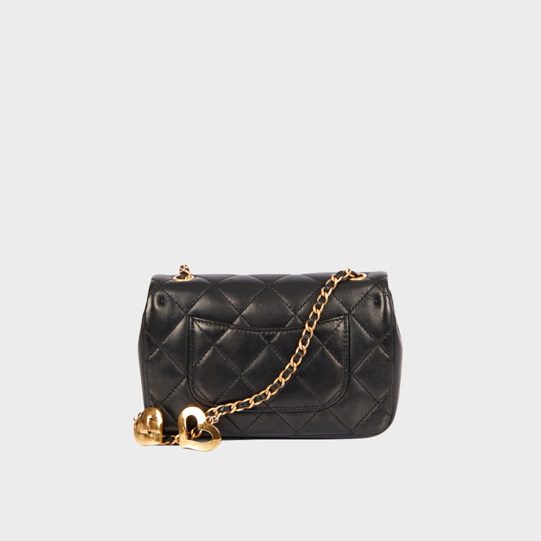 Heart Charms Mini Flap Bag in Black Calfskin