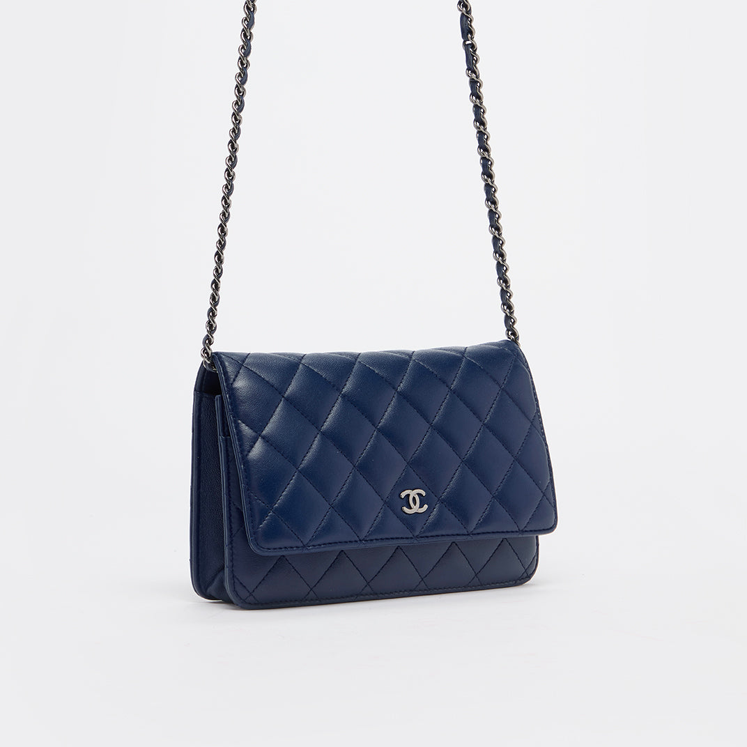 Classic Wallet on Chain Quilted Leather Crossbody in Navy Blue 2013 - 2014