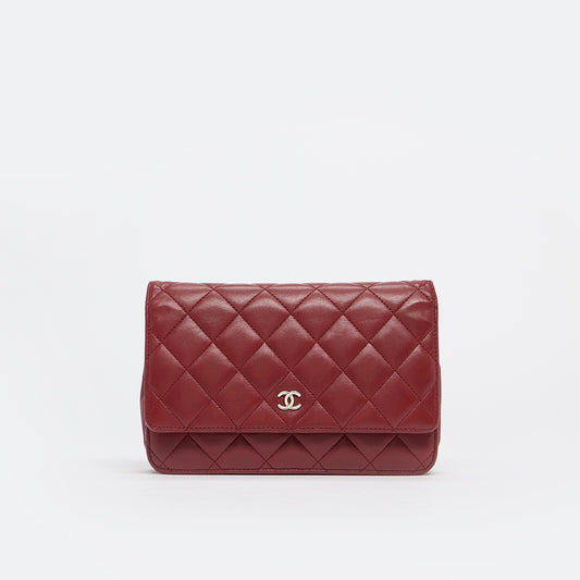 Classic Wallet on Chain Quilted Leather Crossbody in Dark Red