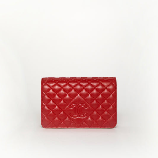 Diamond CC Wallet on Chain in Red Lambskin Leather