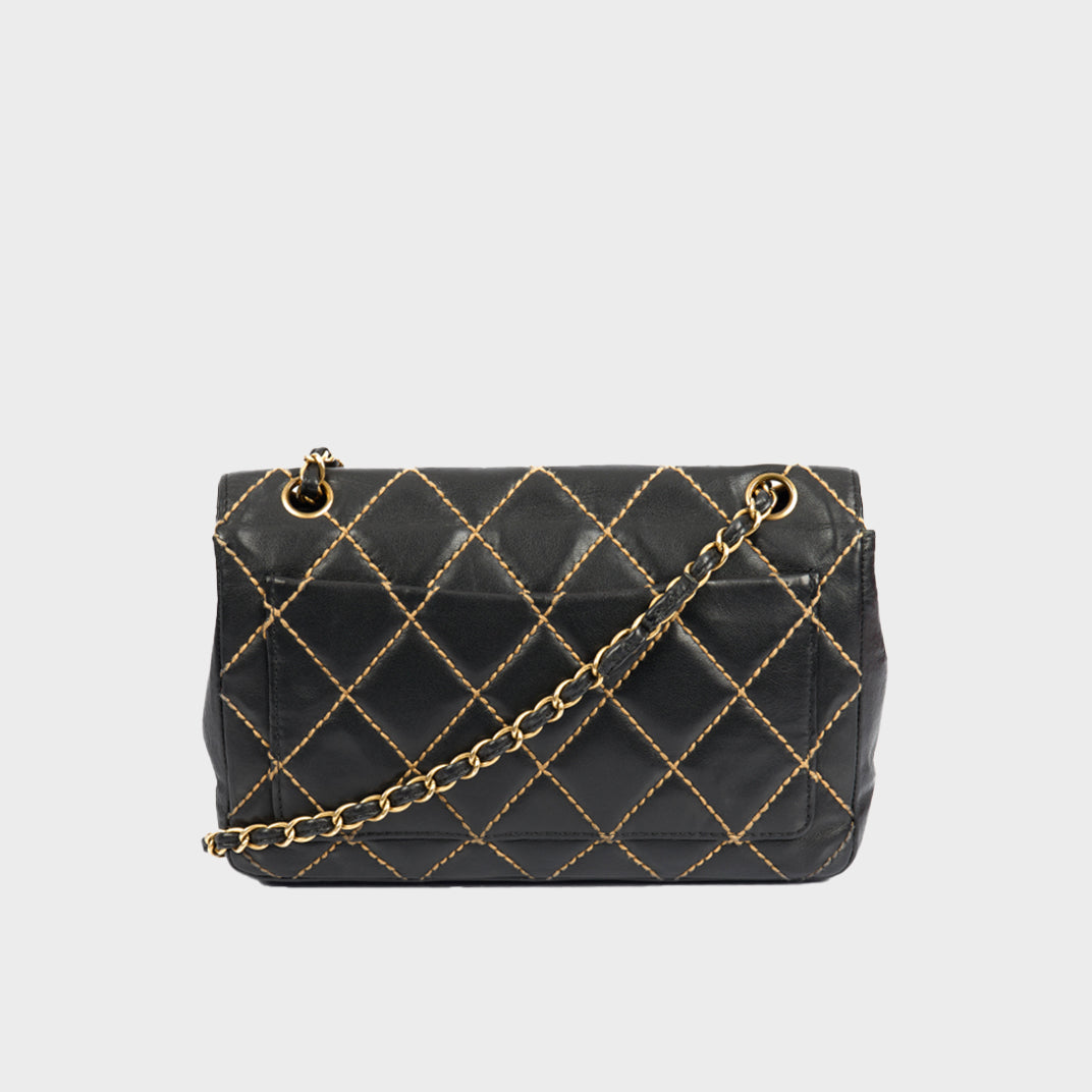 Wild Stitch Single Flap Bag in Black Calfskin Leather