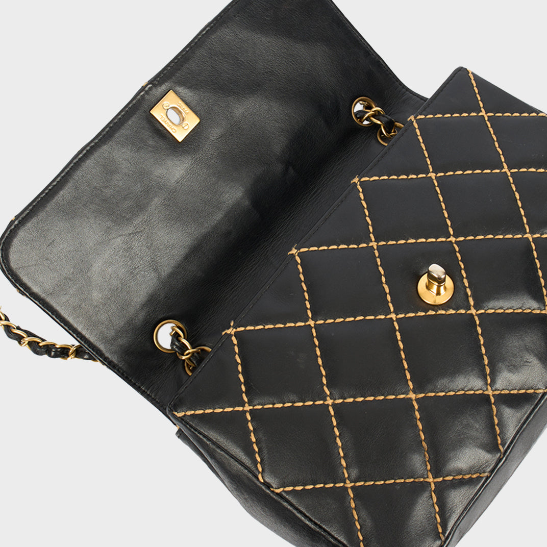 Wild Stitch Single Flap Bag in Black Calfskin Leather