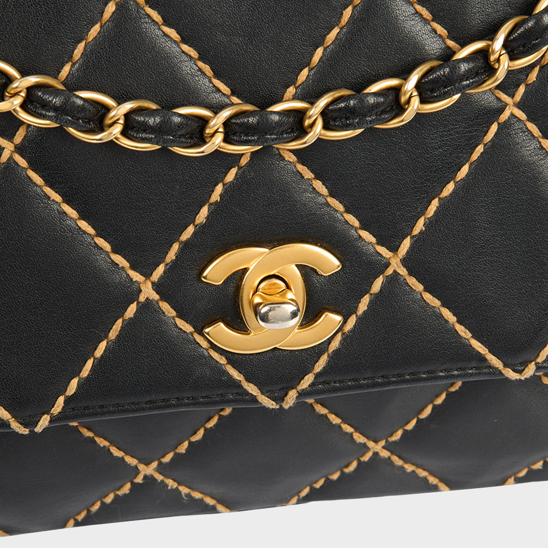 Wild Stitch Single Flap Bag in Black Calfskin Leather