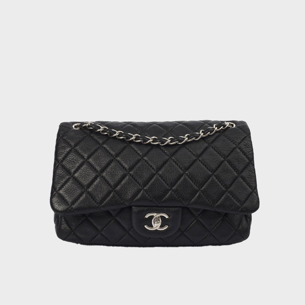 Large Zip Flap Bag in Black Leather