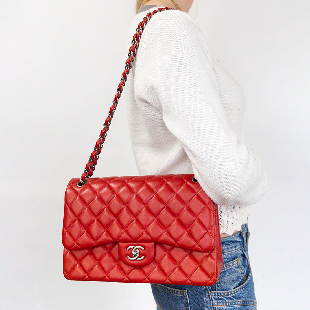 Large Classic Flap Bag in Red Calfskin Leather