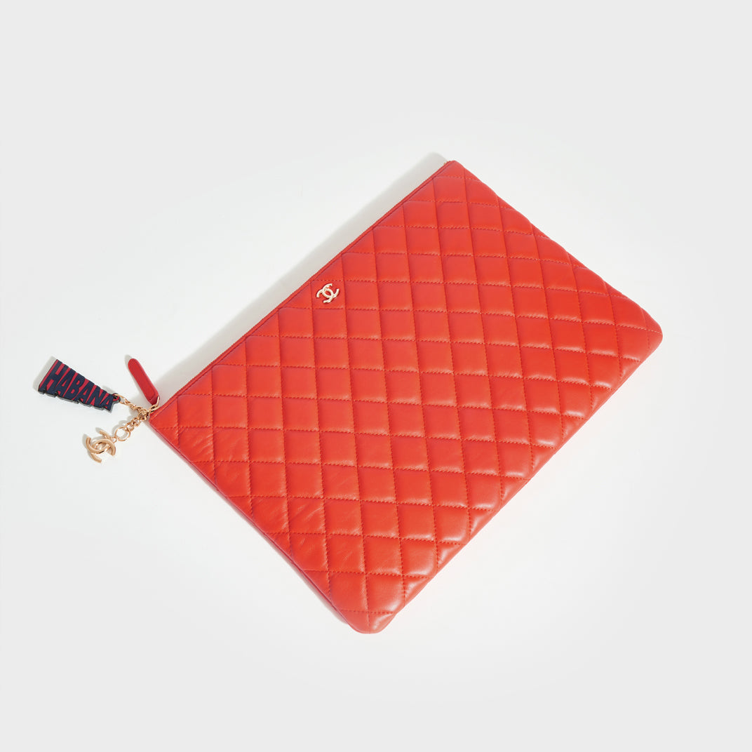 Matelassé Lambskin Clutch in Red